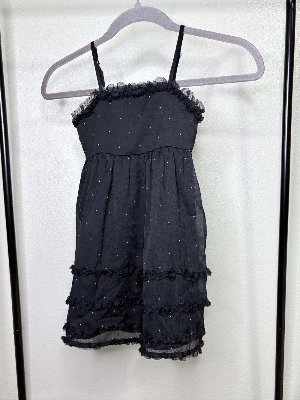 EUC Roxy Girl Wahine Black Sparkle Polka Dot Ruffle Tiered Cami Dress Size 4T